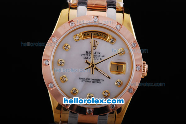 Rolex Day-Date Oyster Perpetual Automatic with White Dial,Diamond Marking and Gold-Diamond Bezel - Click Image to Close